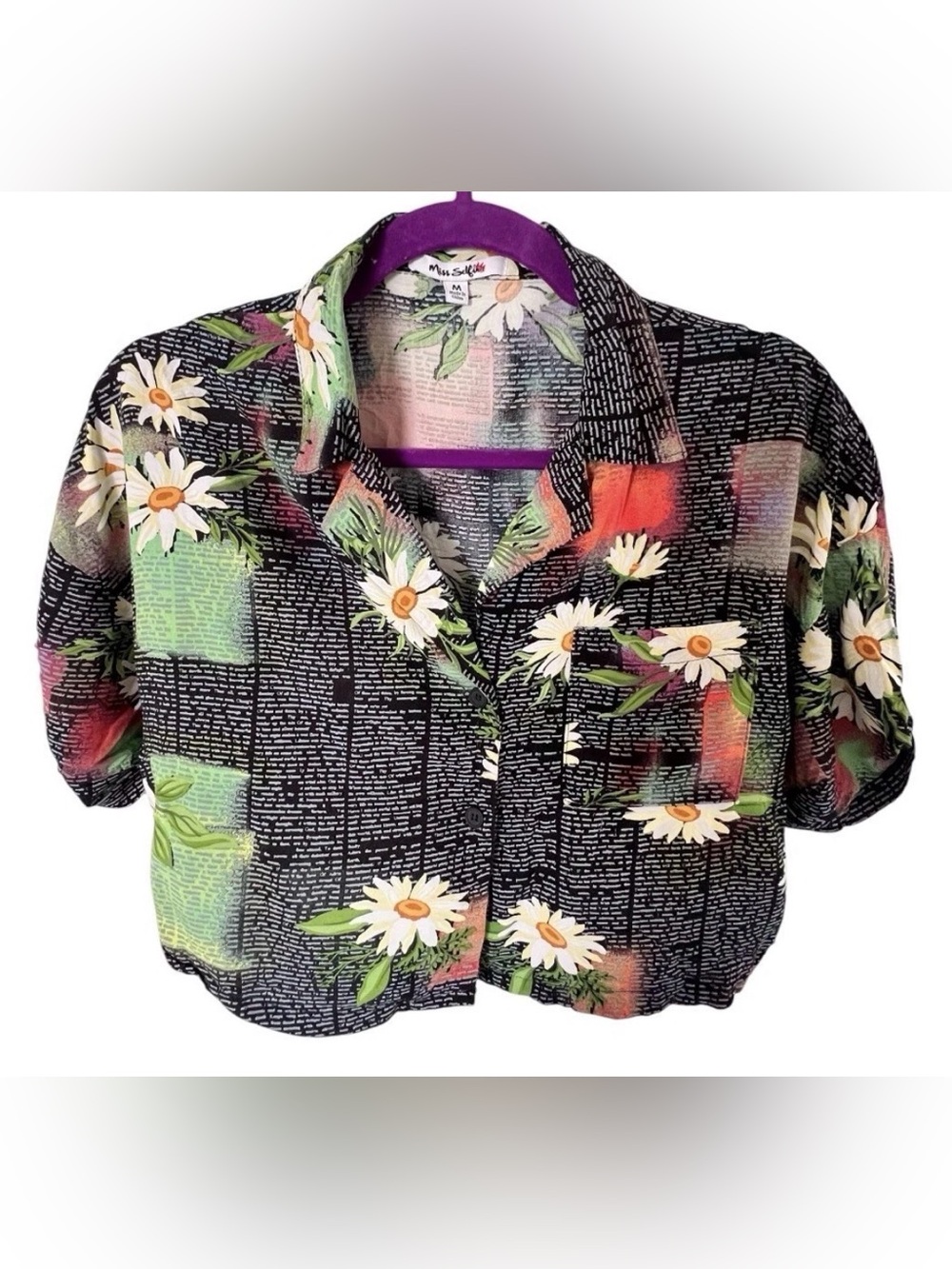 Miss Selfie Floral Daisy Print Newspaper Collage Crop Top Button Up M